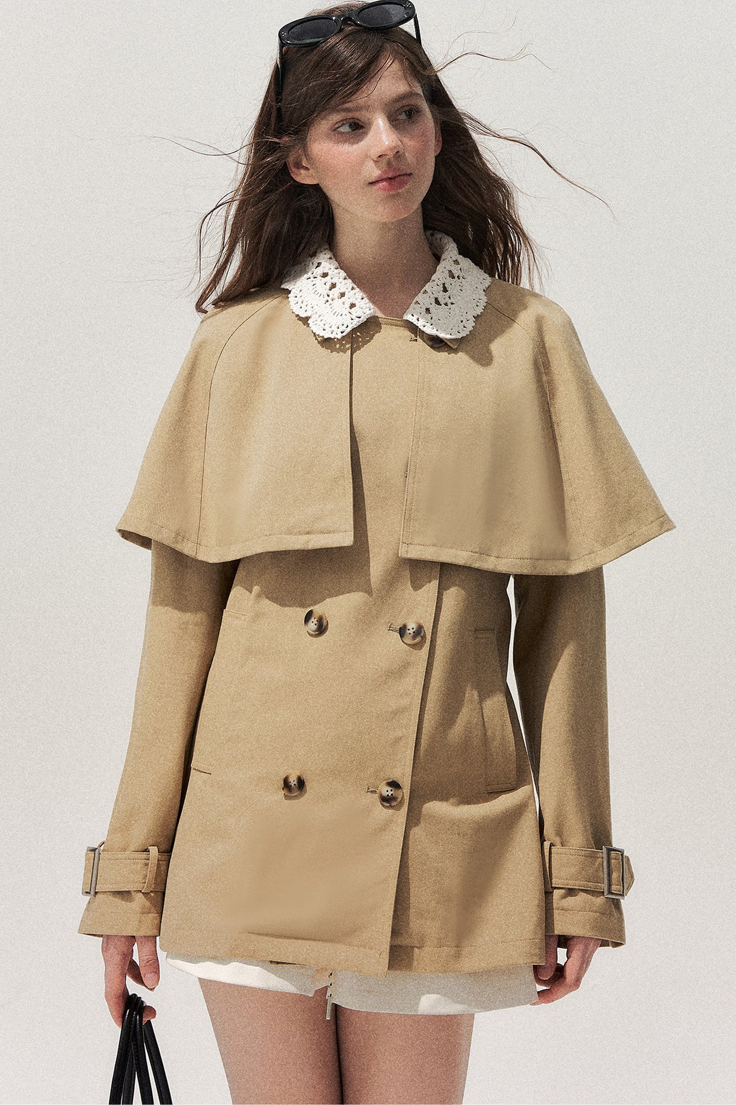Detachable Cape Crochet Collar Trench Coat