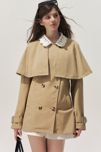 Detachable Cape Crochet Collar Trench Coat