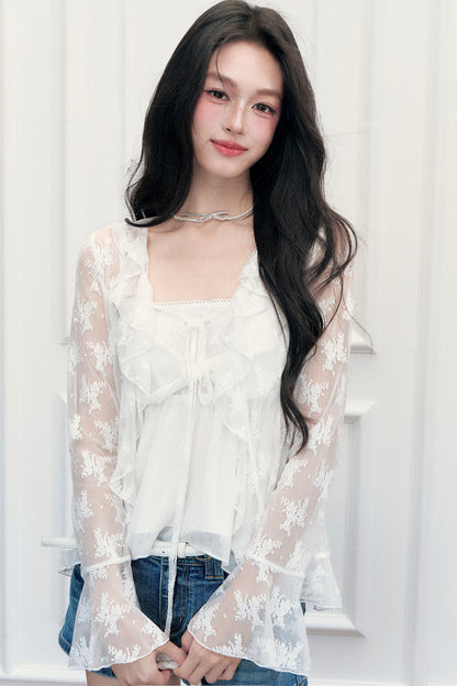 White Floral Lace Camisole Cardigan Set-Up