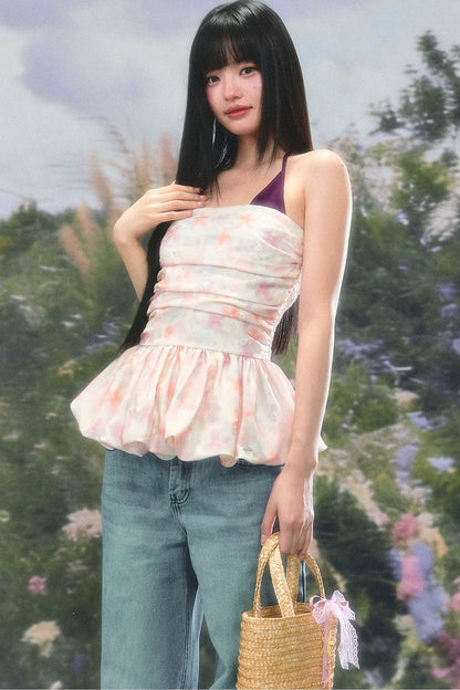 Color-Blocked Floral Halter Camisole Set-Up