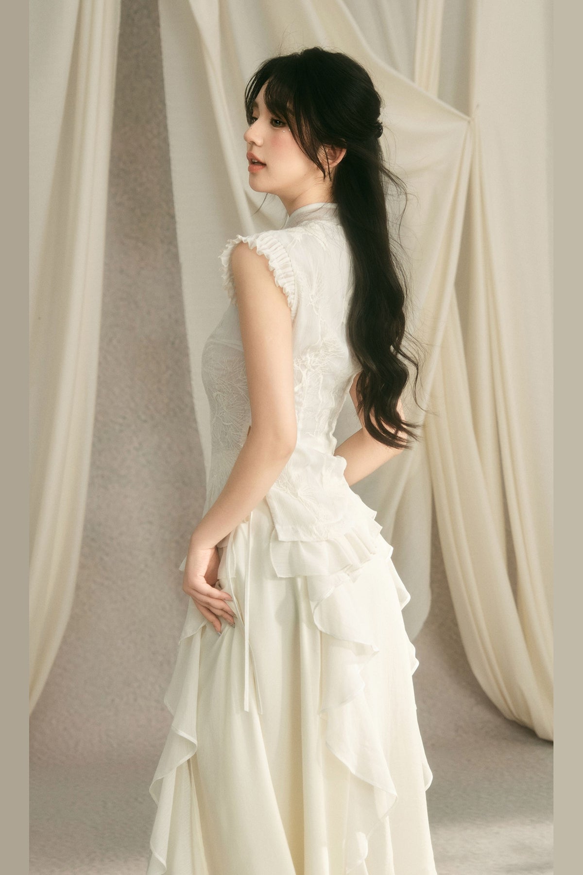Embroidered Cheongsam Top and Ruffled Skirt Set-Up