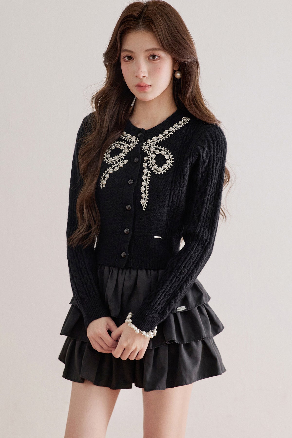 Rhinestone Pearl Bow Merino Cardigan Top