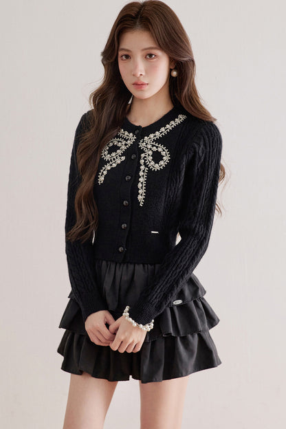 Rhinestone Pearl Bow Merino Cardigan Top