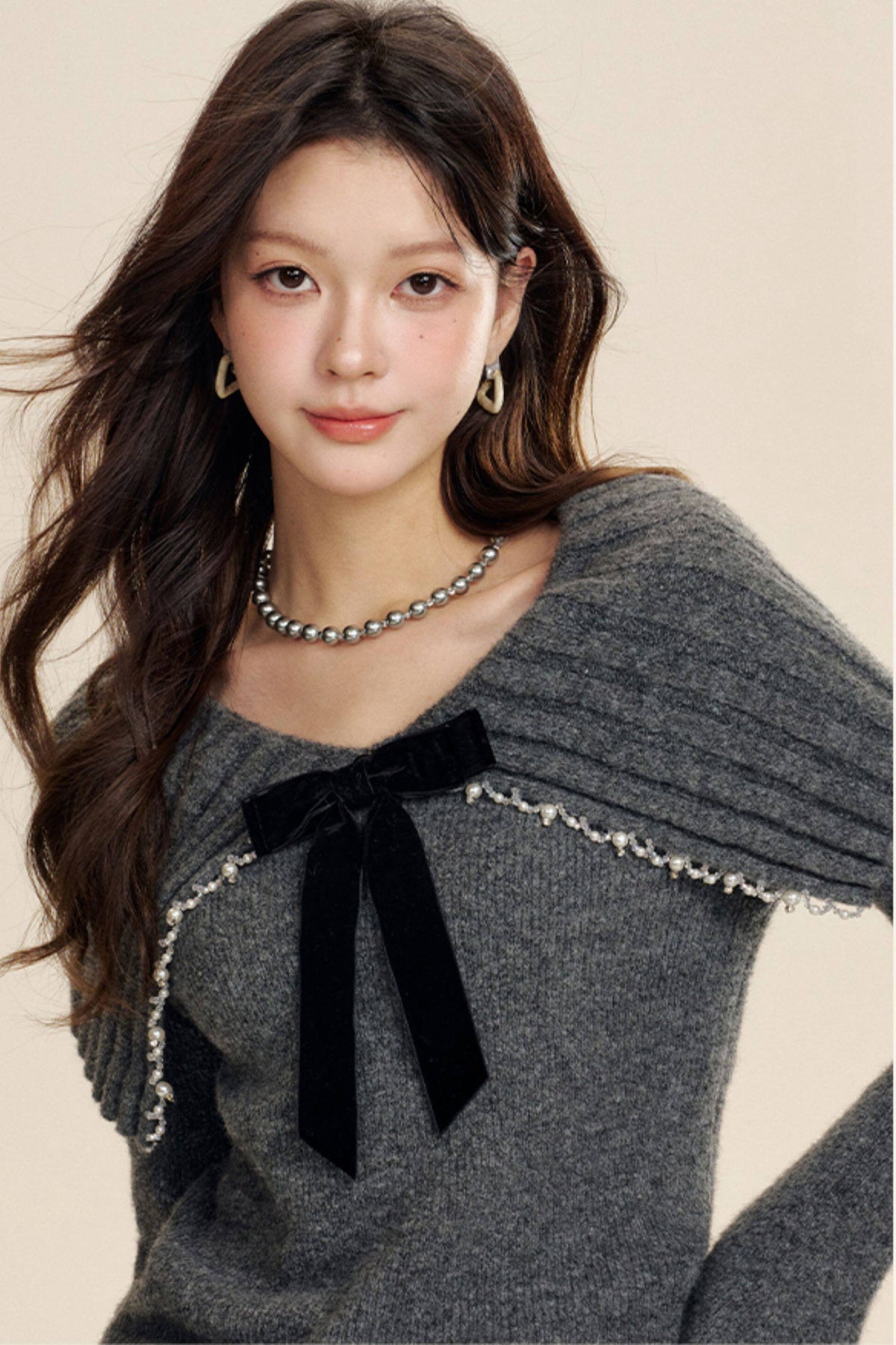 Bow-Knot Pearl Knit Sweater and Skirt Set-Up