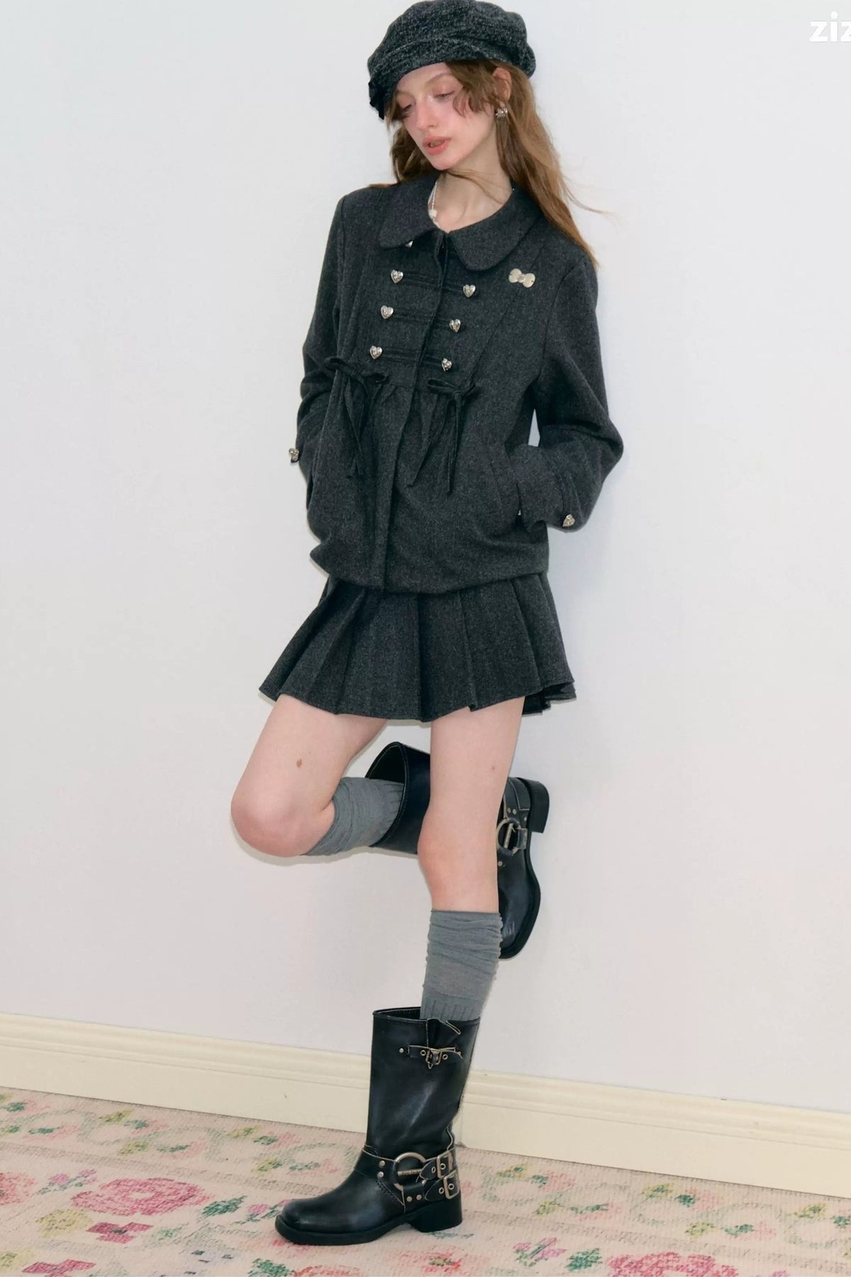 High-Waisted Double-Breasted Pleated Skirt
