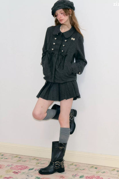 High-Waisted Double-Breasted Pleated Skirt
