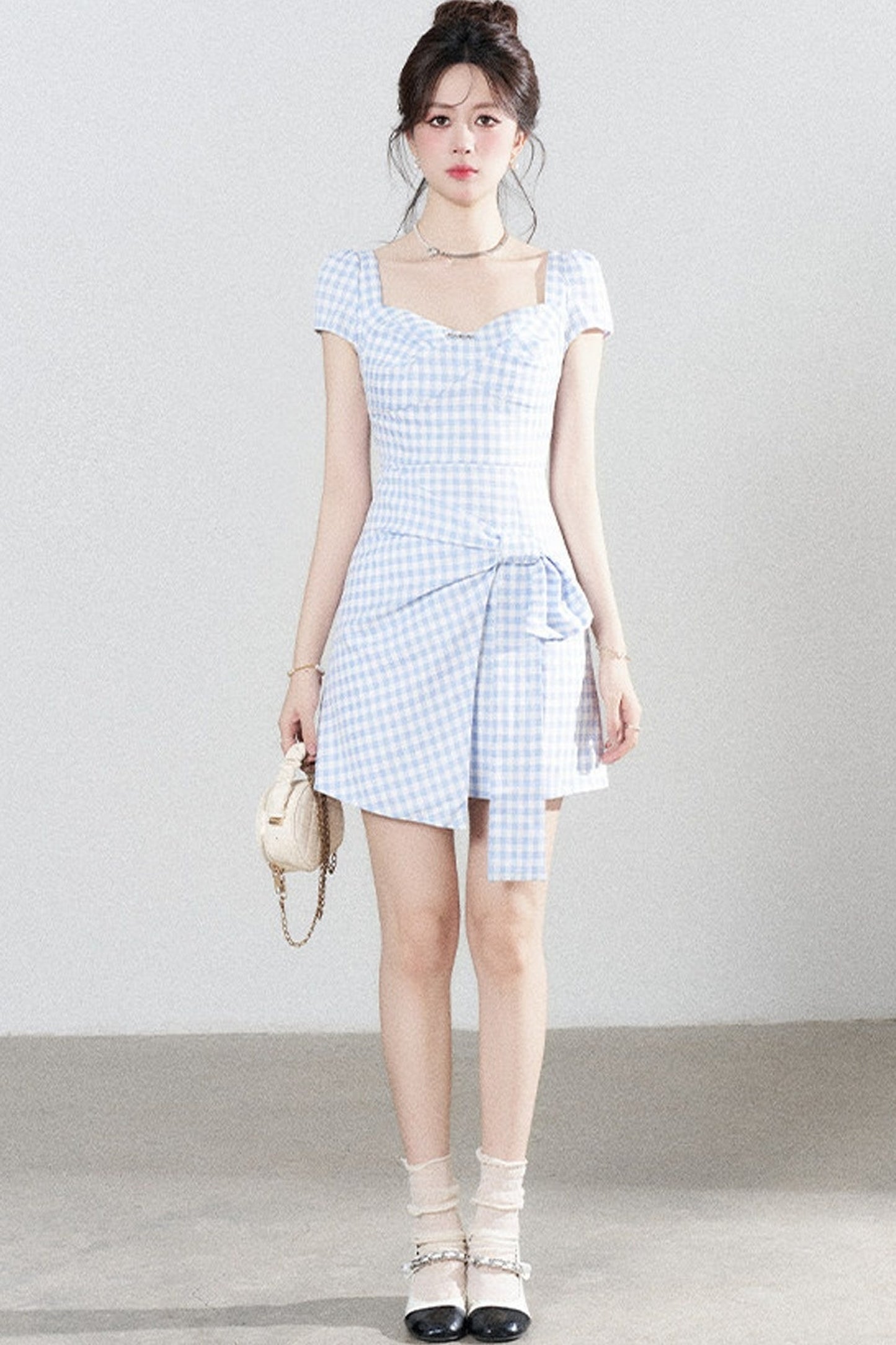 Blue Plaid Square Neck Irregular Dress