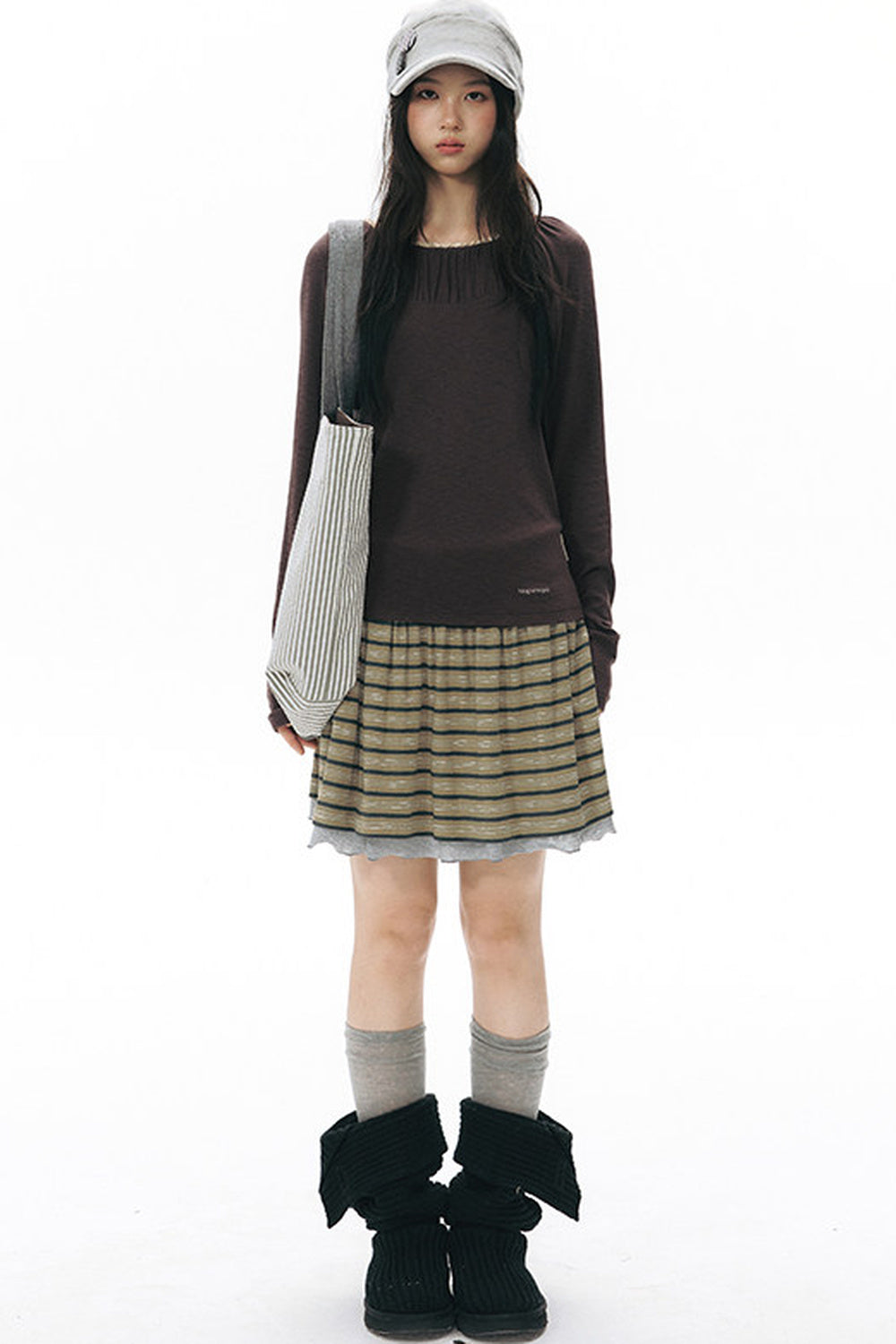 Pleated Striped Knit Base Layer Top