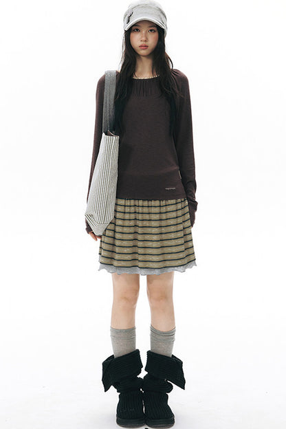 Pleated Striped Knit Base Layer Top