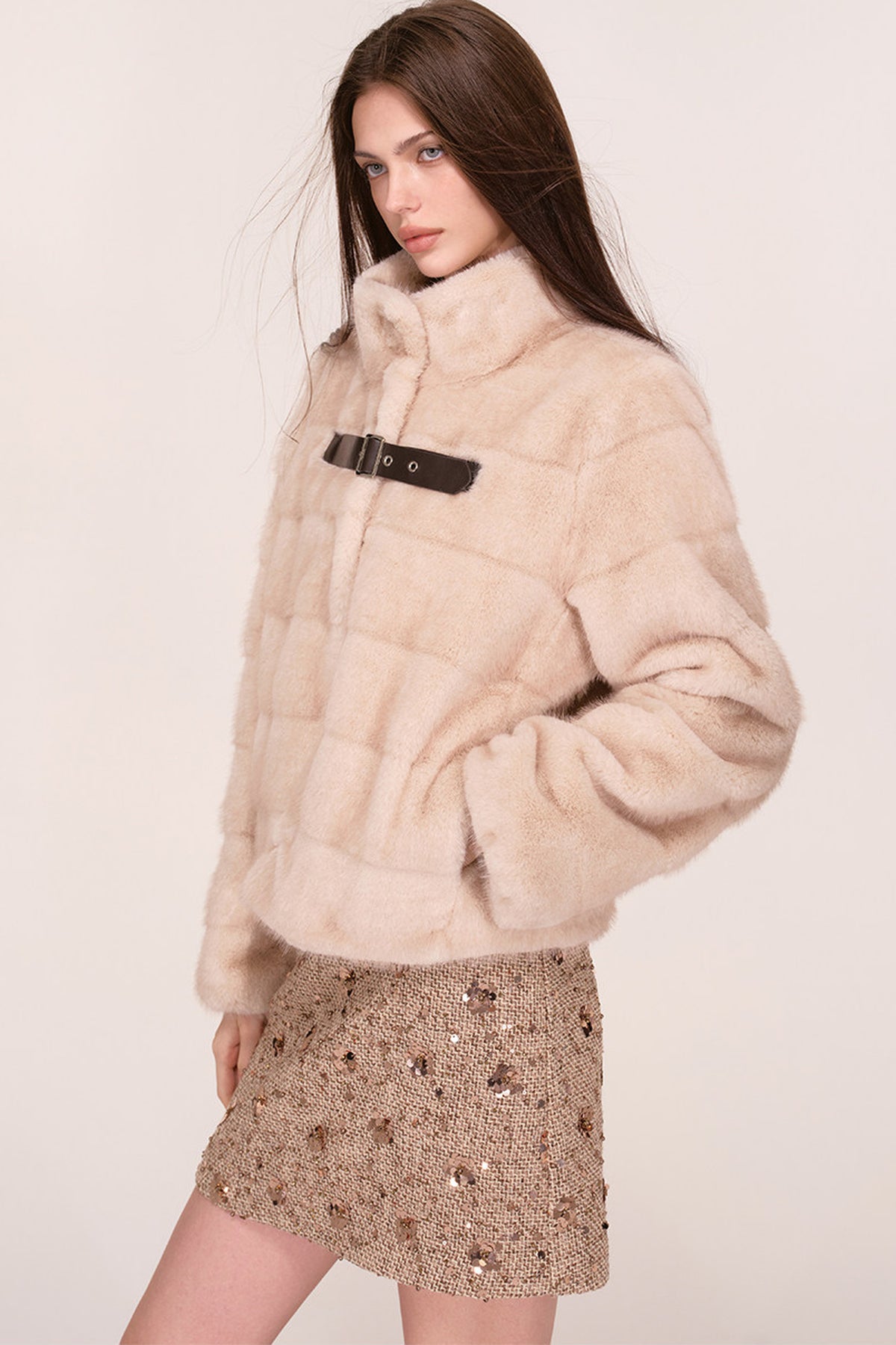 Stand Collar Faux Mink Fur Jacket