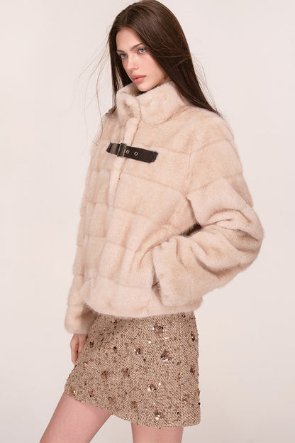 Stand Collar Faux Mink Fur Jacket