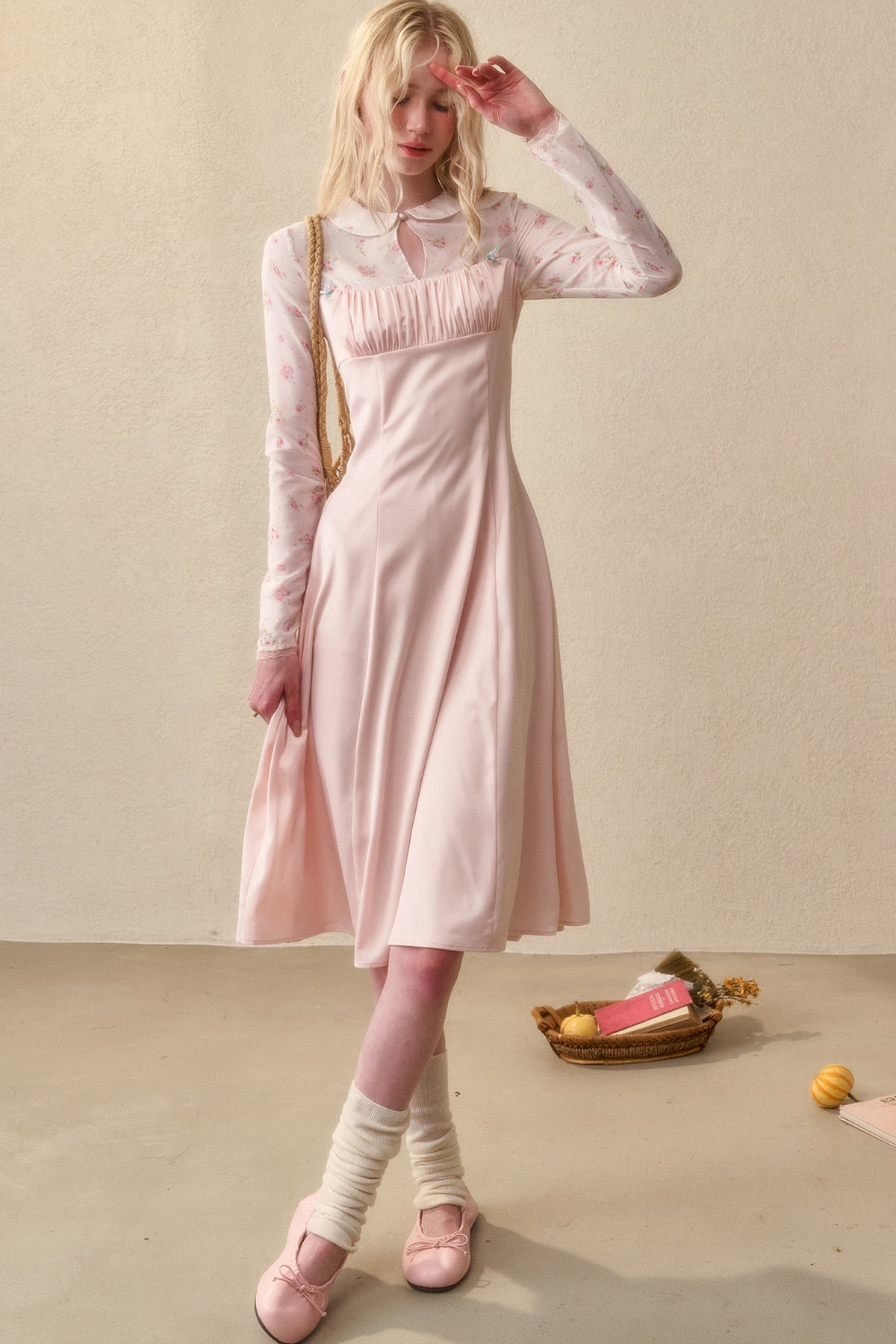 Peach Floral Satin Tencel Dress With Skirt Set-Up