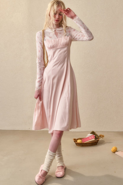 Peach Floral Satin Tencel Dress With Skirt Set-Up