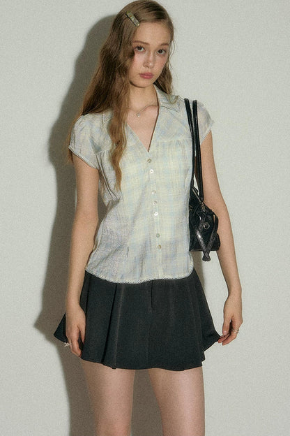 Vintage Plaid Puff Sleeve Blouse