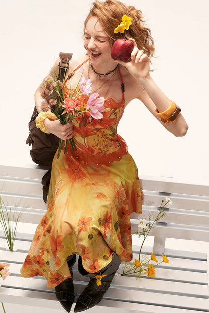 Yellow Floral Halter Dress