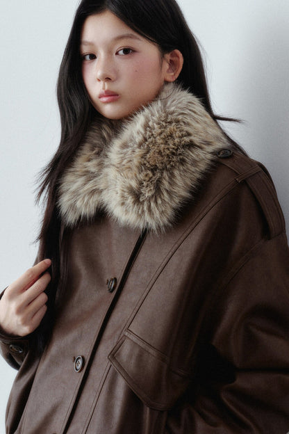 Fur Collar Button-Up Short Jacket