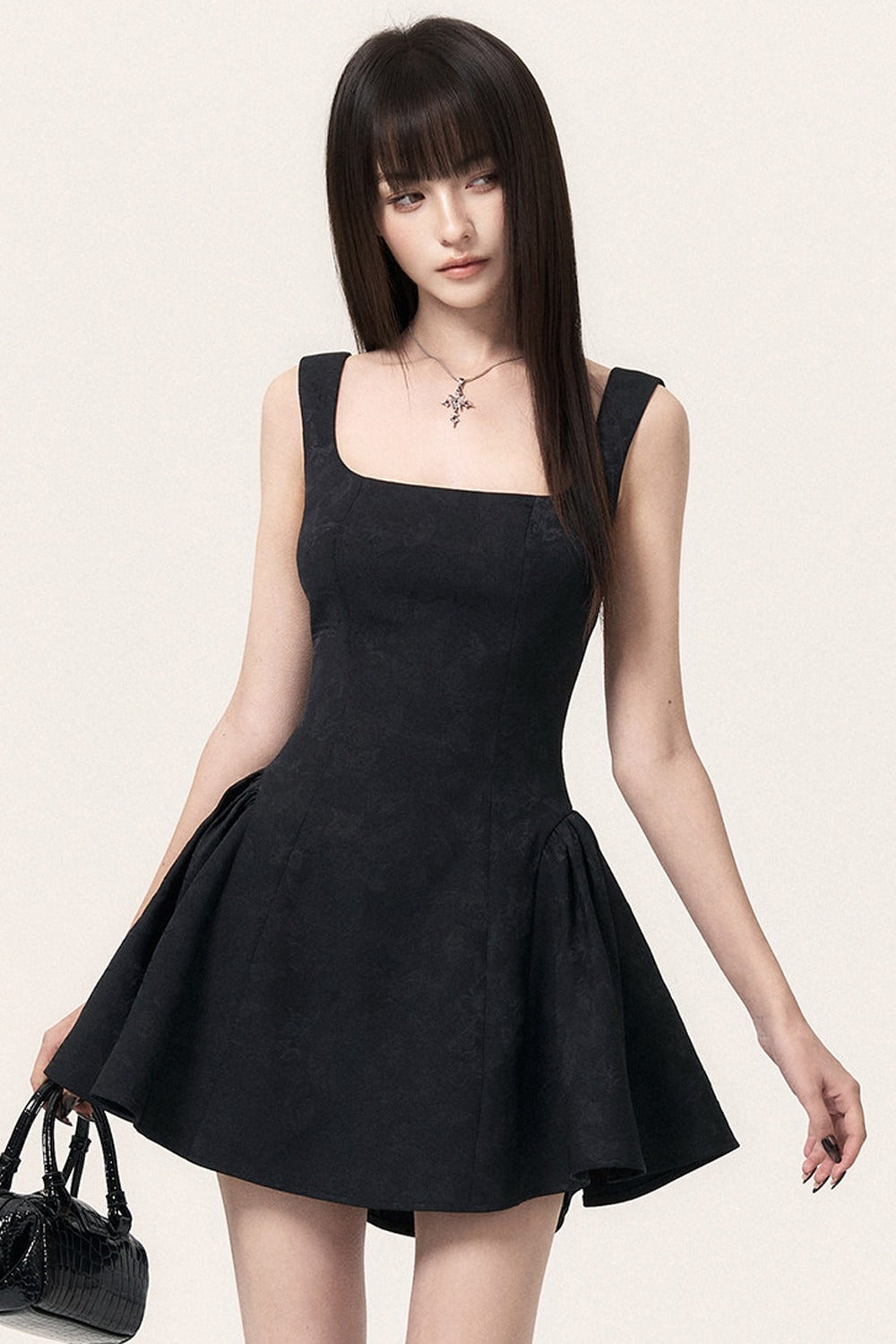Square Neck Butterfly Jacquard Dress