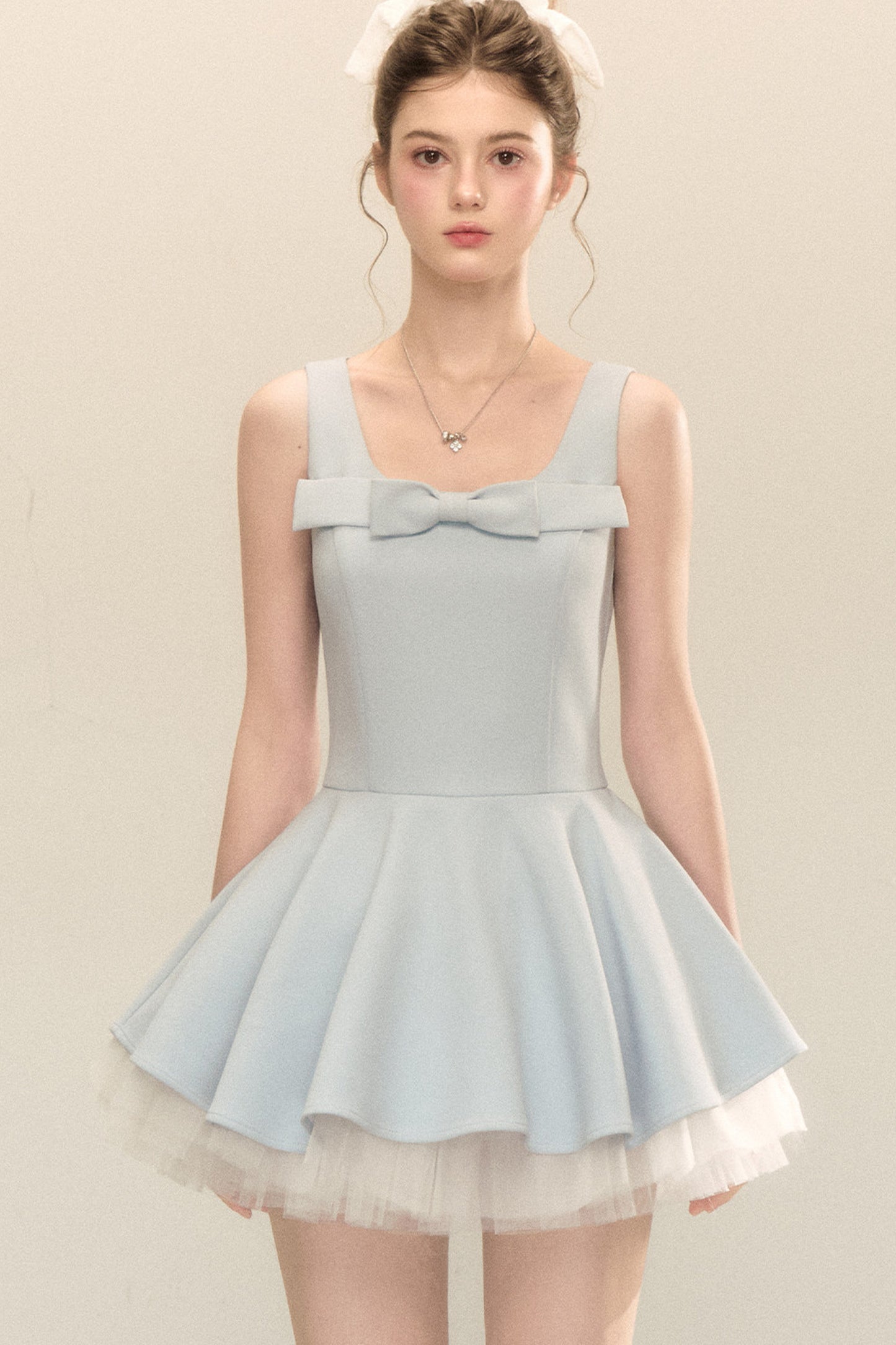 Bow Neck Spaghetti Strap Puffy Dress