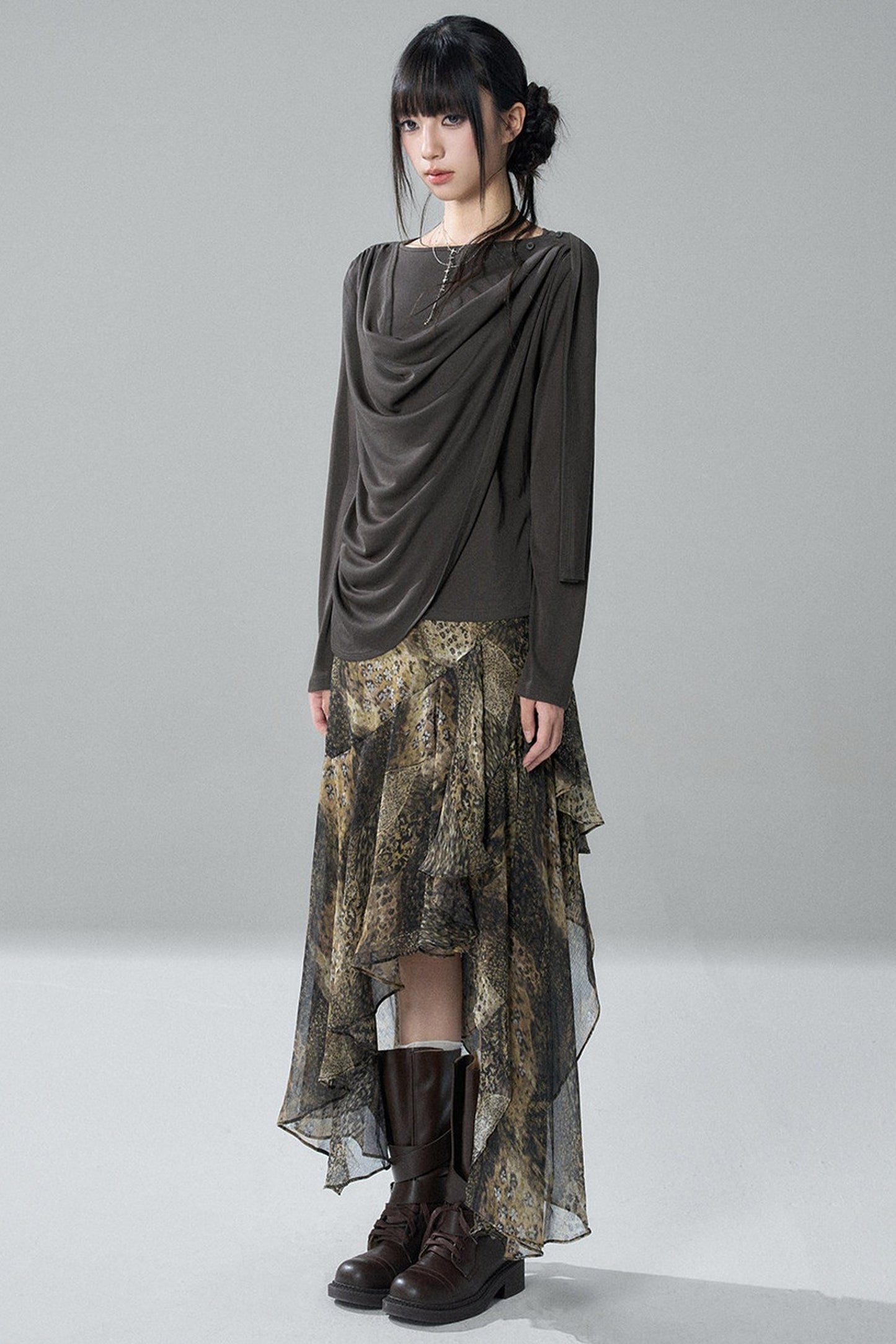 Black Long-Sleeve Shawl Collar Top