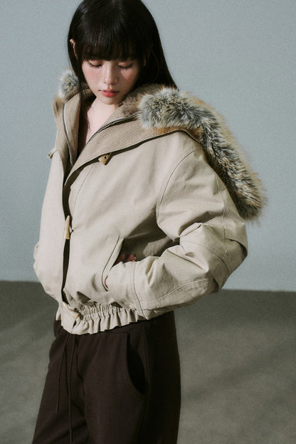 Horn Button Plaid Fur Collar Jacket