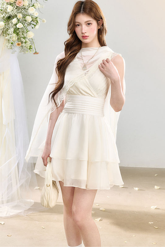 Lace Tulle Shawl Waist-Cinching Dress