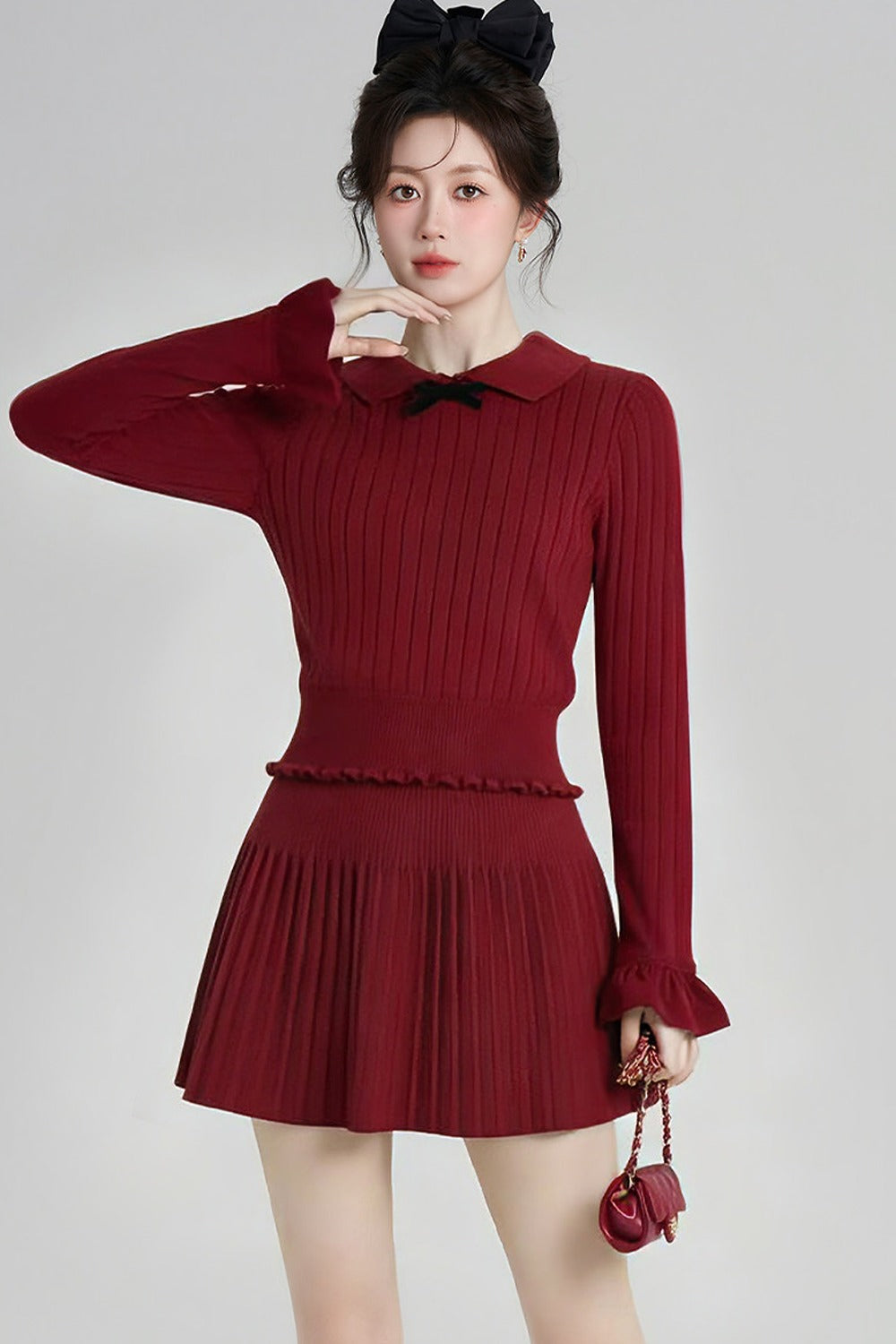 Red Knit Top and Pleated Skirt Set