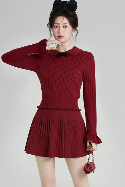Red Knit Top and Pleated Skirt Set