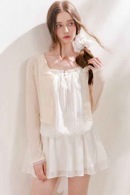 French Style Puff Sleeve Ruffle Trim Cardigan and Dress Set