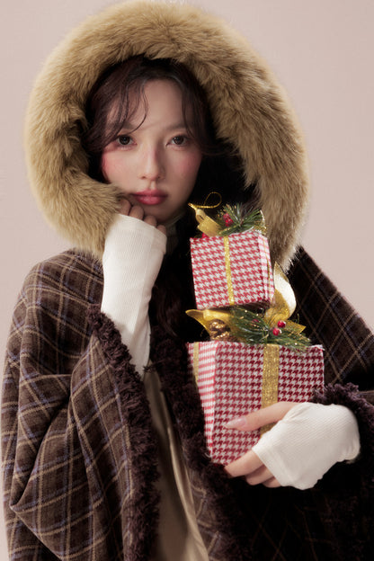 Plaid Fur Collar Hooded Shawl Cape