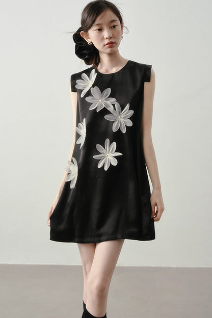 3D Floral Appliqué Satin Sleeveless Dress