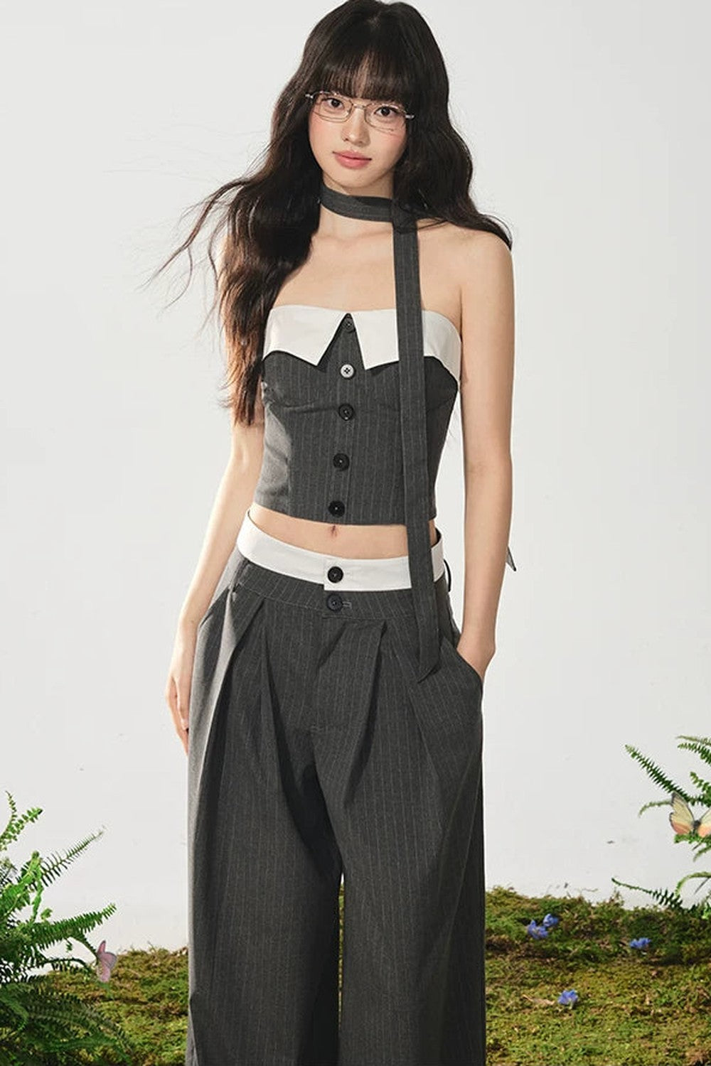 Color-Block Off-Shoulder Top Wide-Leg Pants Set