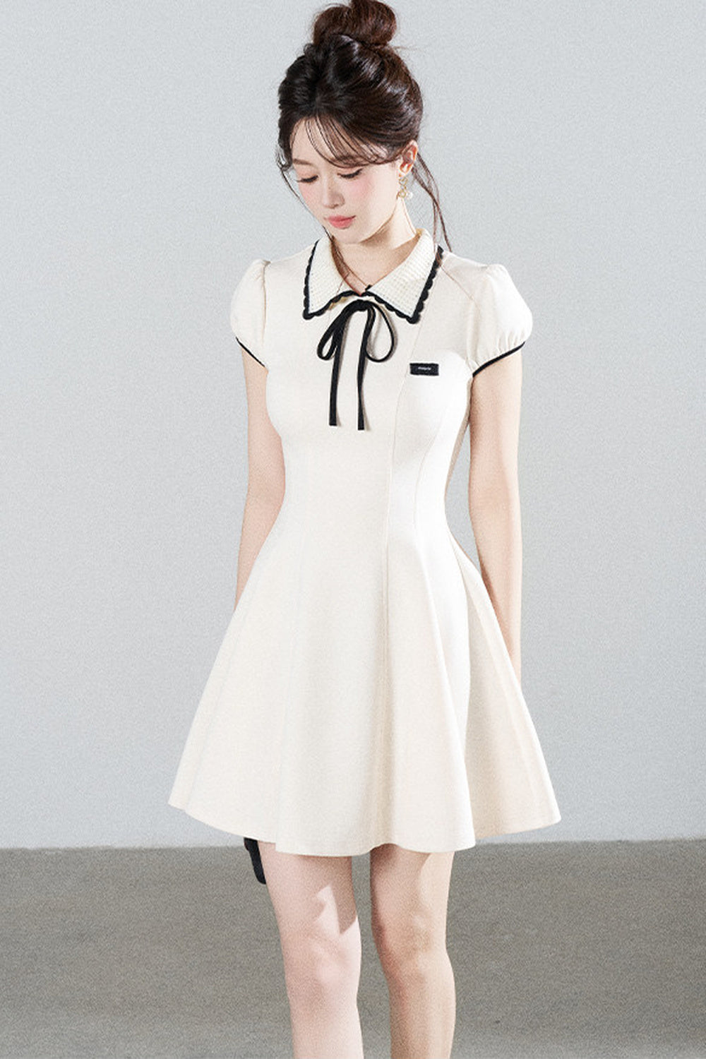 French Style Puff Sleeve Cinched Waist Dress