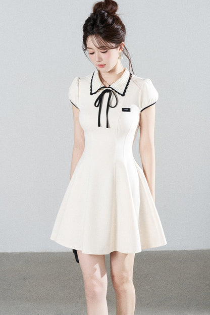 French Style Puff Sleeve Cinched Waist Dress
