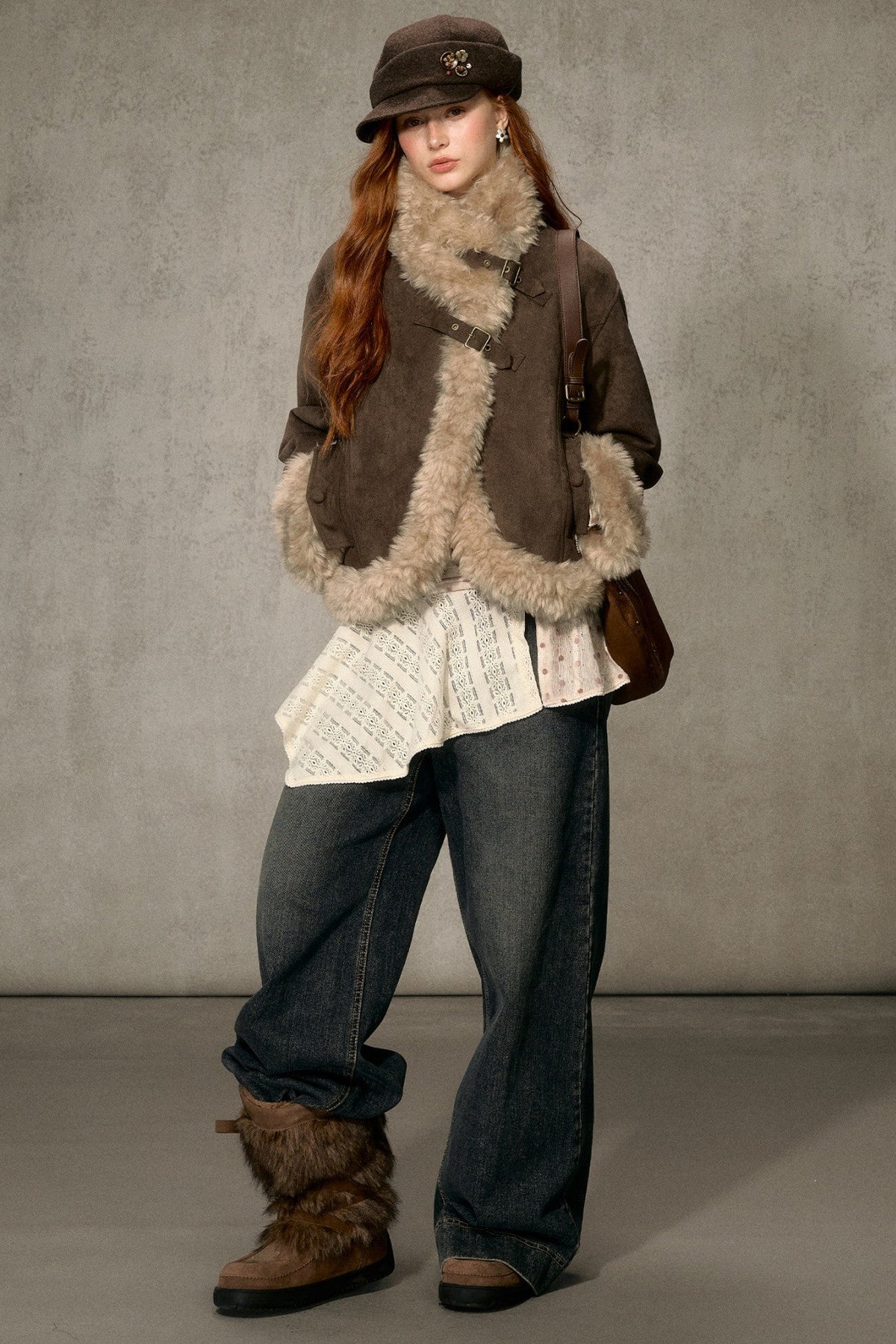 Oatmeal Chocolate Fur Trim Asymmetrical Jacket