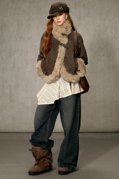 Oatmeal Chocolate Fur Trim Asymmetrical Jacket