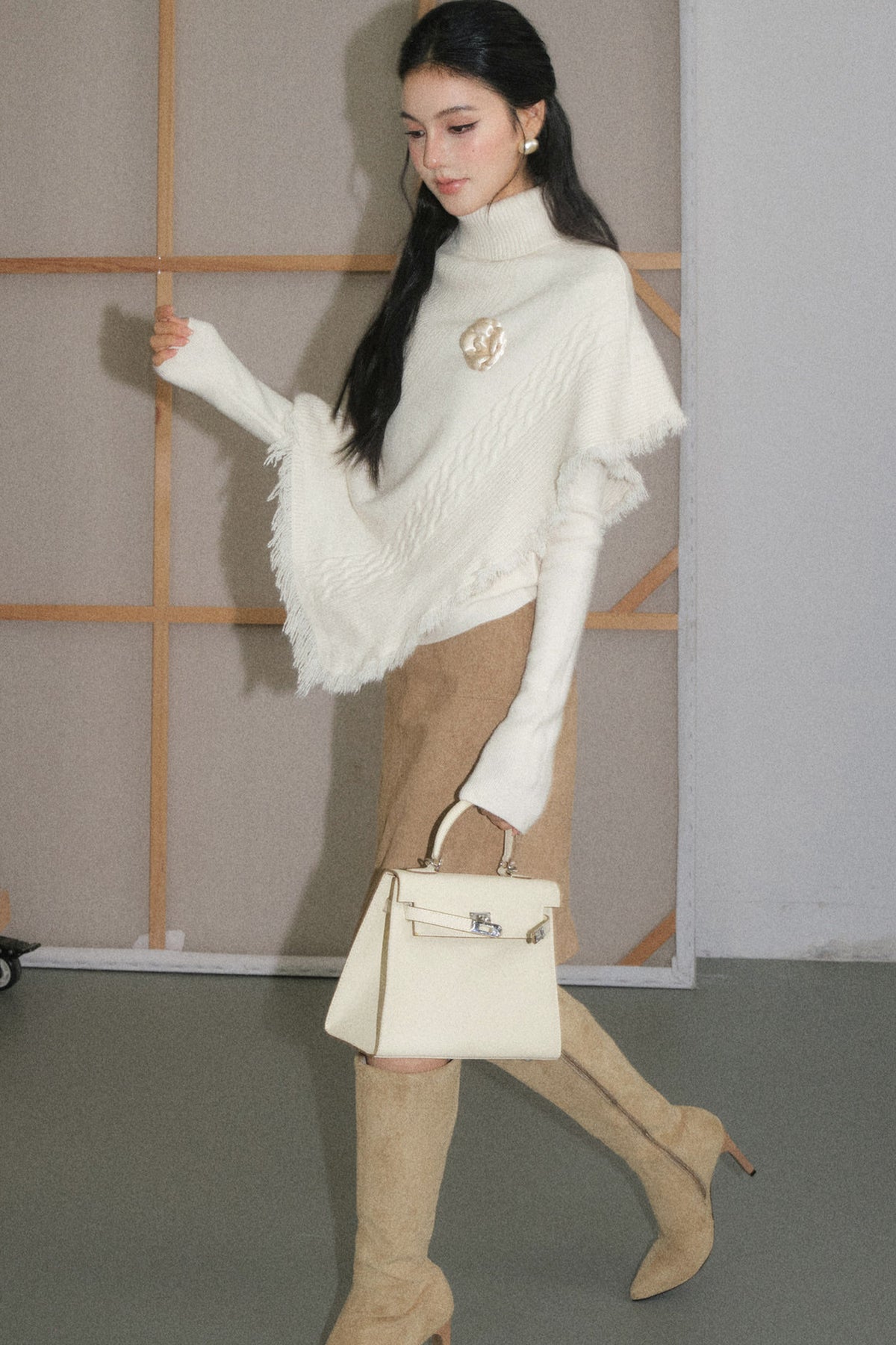 Cream White Tassel Cape Shawl Sweater and Skirt Set-Up