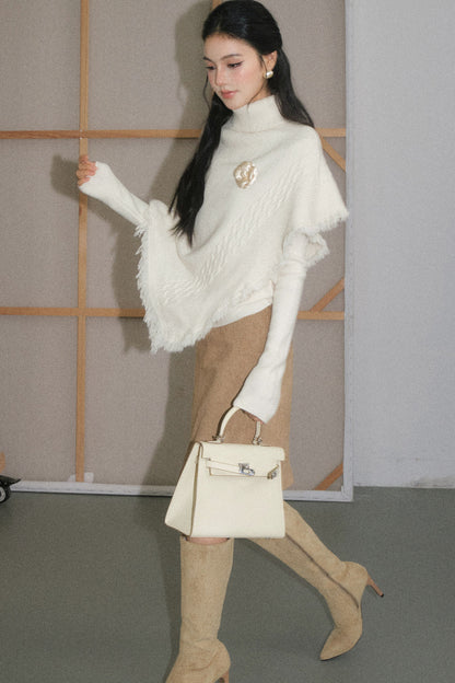 Cream White Tassel Cape Shawl Sweater and Skirt Set-Up