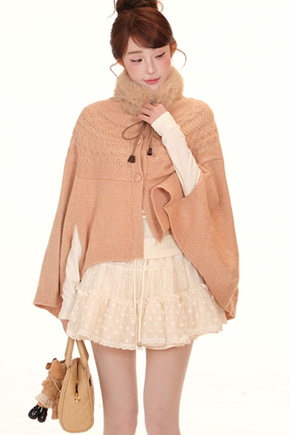 Camel Twisted Wool Knit Cape and Furry Scarf Set