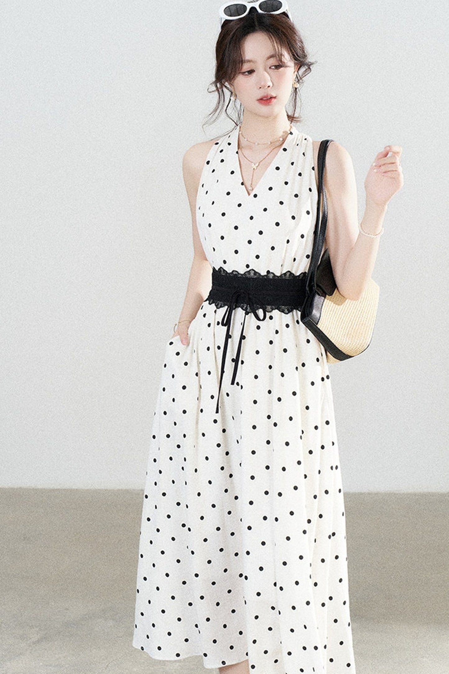 White Polka Dot Halter Dress