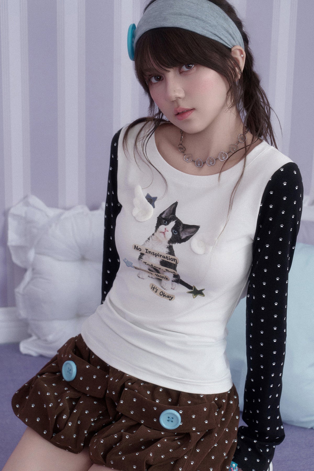 Cat Print Waist-Cinching T-Shirt