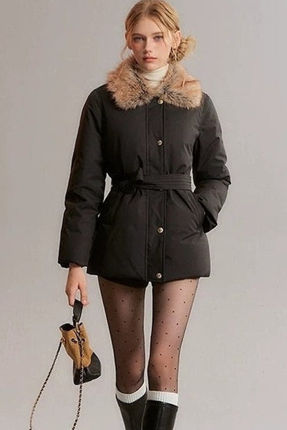 Black Fur Collar Tie-Waist Down Jacket