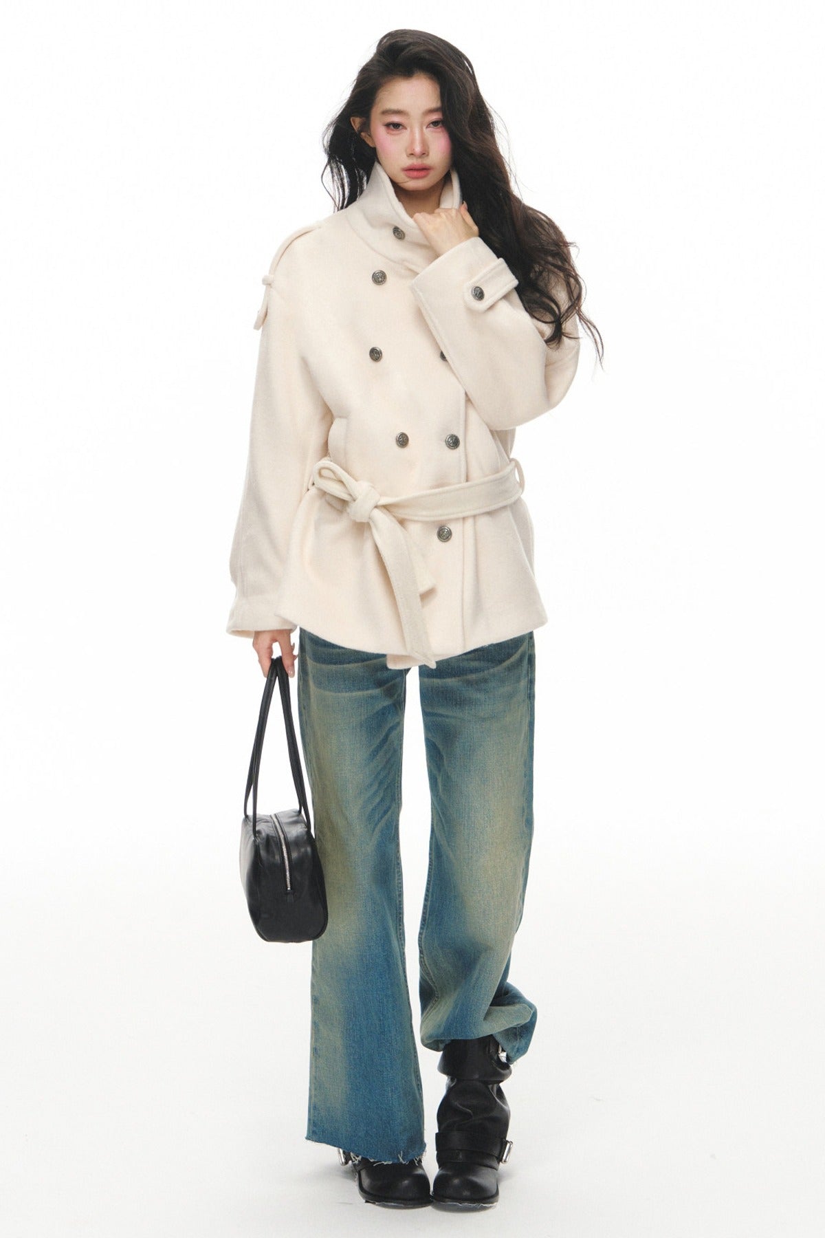 White Double-Breasted Stand-Collar Jacket and Pants Set-Up