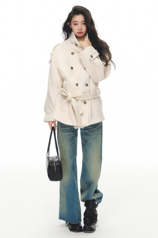 White Double-Breasted Stand-Collar Jacket and Pants Set-Up