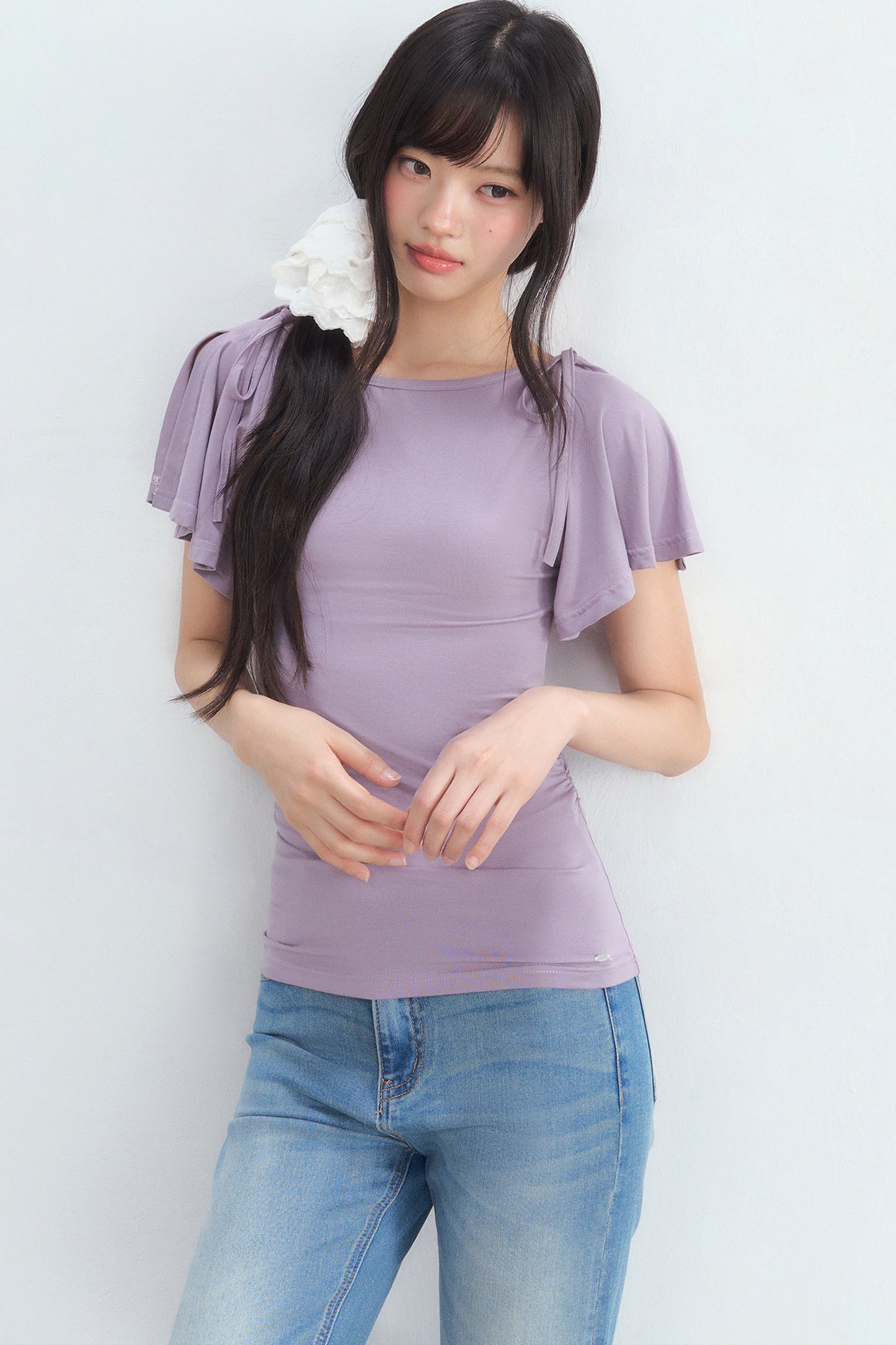 Purple Tie Flutter Sleeve Top and Denim Pants Set-Up