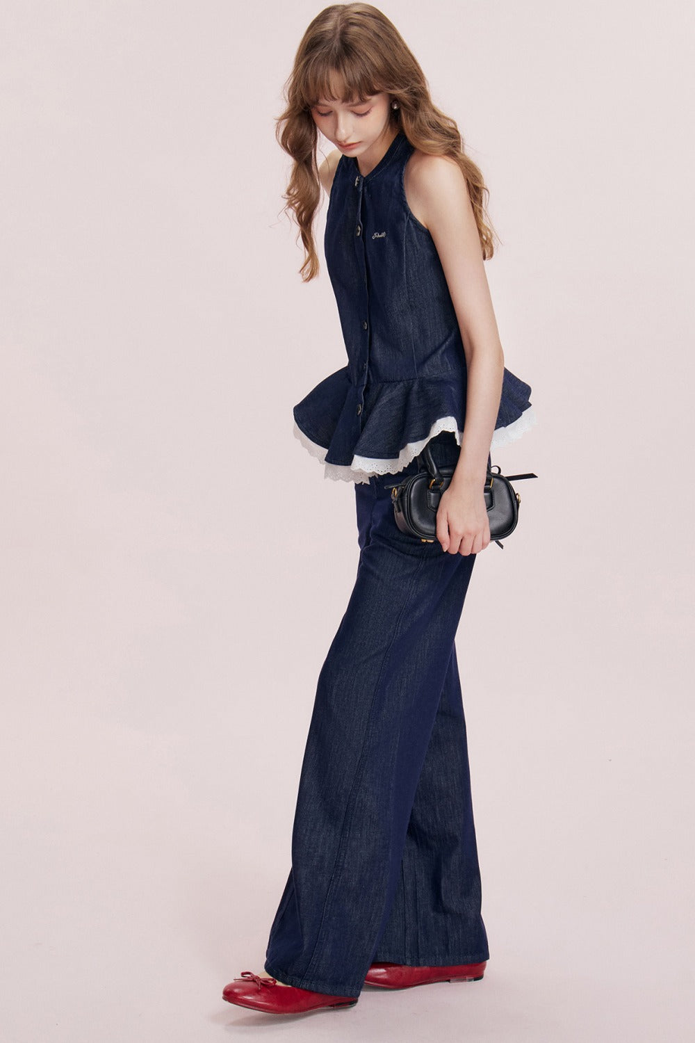 French Ruffle Denim Vest and Wide-Leg Pants Set-Up