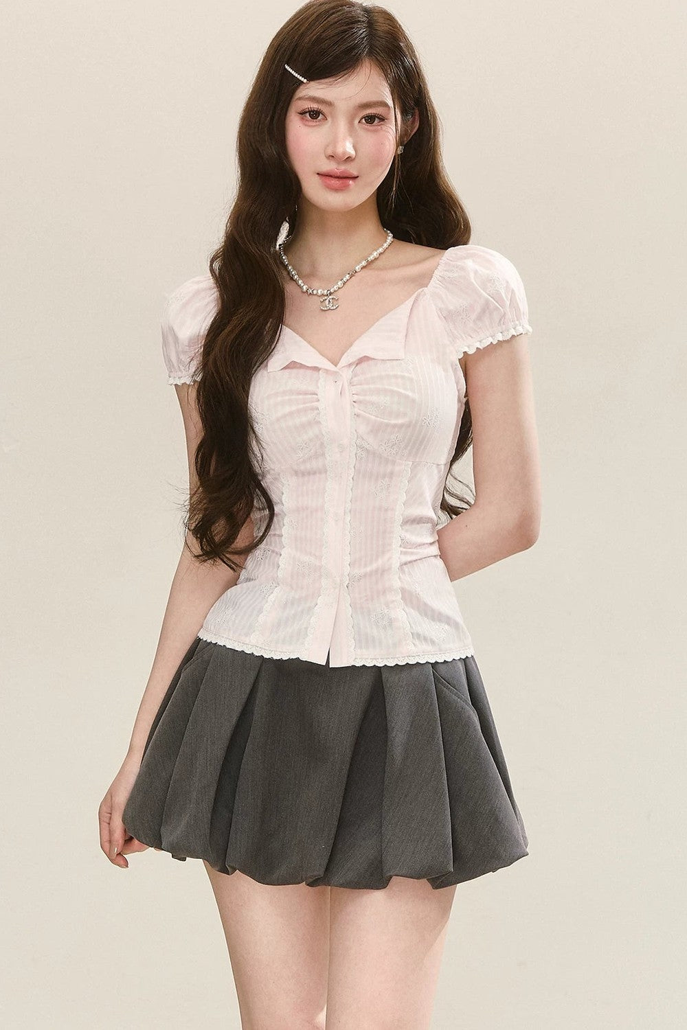 Lace Plaid Puff Sleeve Blouse