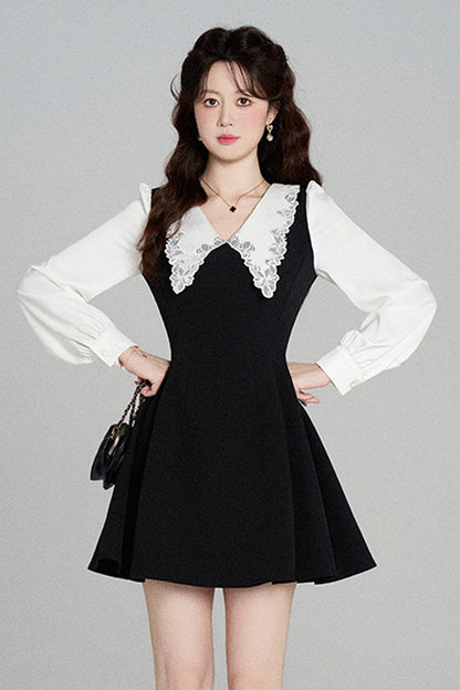 Schwarzes A-Linien-Kleid mit Bubikragen und tailliertem Schnitt