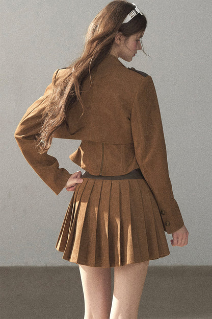 Autumn Coat and Pleated Skirt Three-Piece Set-Up
