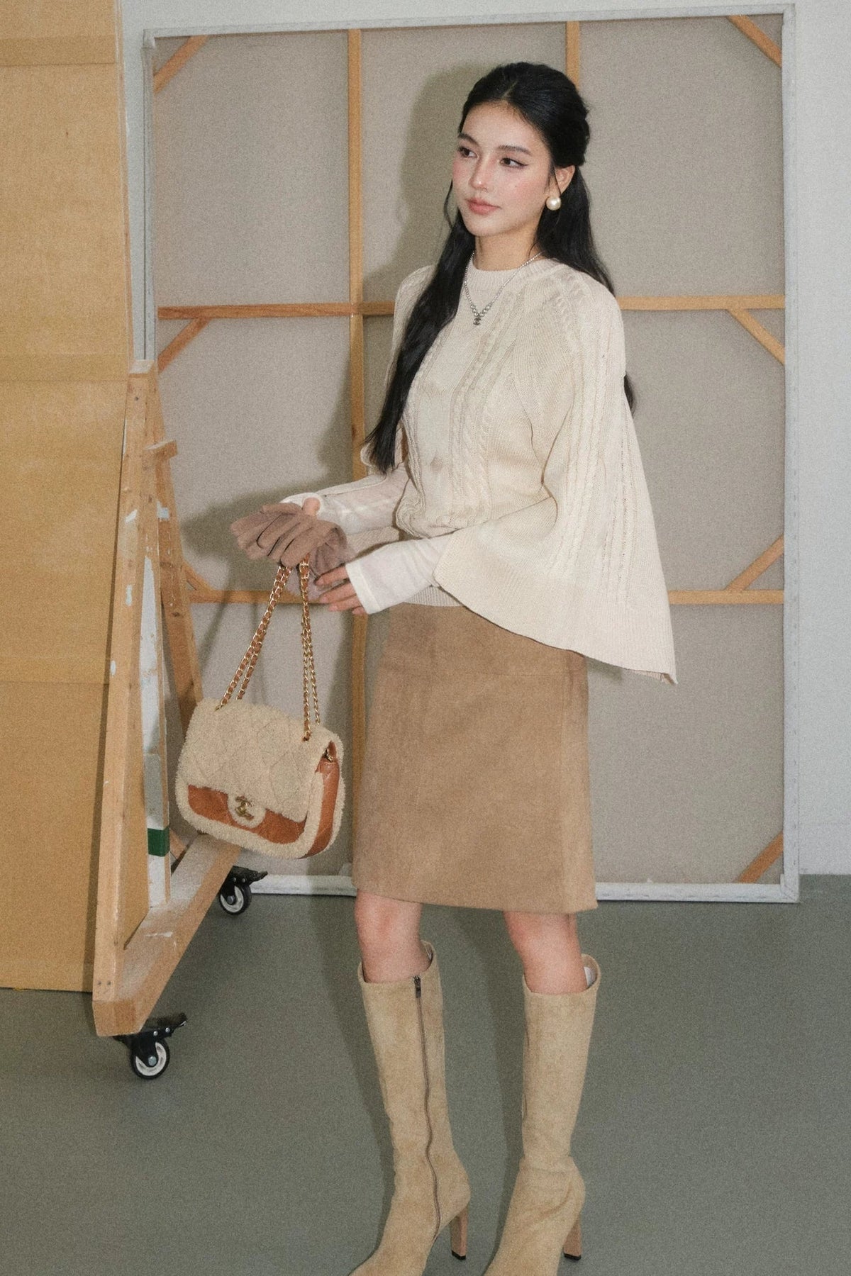 Off-White Lyocell Semi-Sheer Long-Sleeve Top and Skirt Set-Up