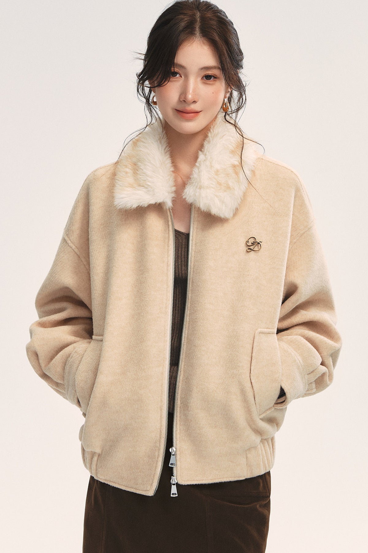 Oatmeal Loose Off-Shoulder Jacket